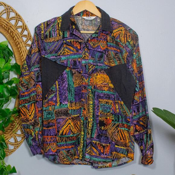 Vtg Roper Western Shirt Abstract Geometric Southwest Button Up L | Dark Autumn - Picture 1 of 11